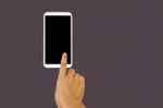 Solated Hand With Finger Press On Big Blank Screen Smartphone Stock Photo