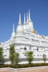 Group Of White Pagoda On Church On Blue Sky Stock Photo