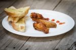 Fried Chicken And Garlic Bread Stock Photo