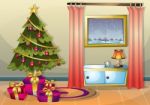 Cartoon  Illustration Interior Christmas Room With Separated Layers Stock Photo