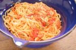 Italian Pasta With Ham, Tomato And Champignon Mushrooms Stock Photo