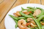 Fried Shrimp, Pork And Sweet Peas Stock Photo