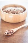 Organic Dry Multi Grain Rice In Wooden Bowl Stock Photo