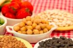 Variety Of Kitchen Ingredients With Fresh And Dried Legumes Stock Photo