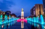 Seoul, South Korea - April 30, 2016:beautifully Color Water Fountain At Gwanghwamun Plaza With The Statue Of The Admiral Yi Sun-sin In Downtown.photo Taken On April 30,2016 In Seoul,south Korea Stock Photo