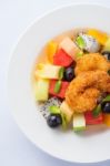 Fruits Salad In Ceramic Dish Stock Photo