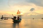 Long Tail Boat At Dusk.long Exposure Technique Stock Photo