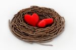 Two Red Heart In A Bird Nest Stock Photo