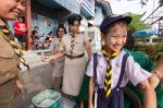 Student 9-10 Years Old, Welcome To Boy Scout Camp In Bangkok Thailand Stock Photo