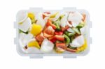 Sweet Pepper Chilly And Onion Vegetable Sliced In Plastic Box Stock Photo