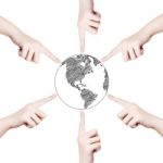 Concept Hands Point With World Globe Stock Photo