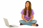 Smiling Teenage Girl With Laptop Stock Photo