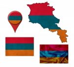 Grunge Armenia Flag, Map And Map Pointers Stock Photo