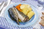 Mackerel Fish With Potato And Carrot Stock Photo