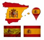 Spain Flag, Map And Map Pointers Stock Photo