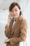 Portrait Of Thai Adult Businesswoman Beautiful Girl Calling Smart Phone Stock Photo