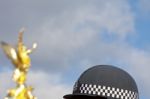 Police Checkered Riding Helmet Stock Photo