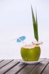 Coconut Water Drink Served In Coconut With Drinking Straw On The Stock Photo