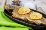 Delicious Baked Rainbow Trout With Lemon Straight From The Oven Stock Photo