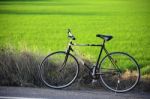 Vintage Bicycle With Rural Field Background Stock Photo