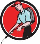 Pest Control Exterminator Spraying Circle Cartoon Stock Photo