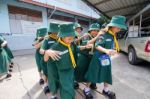 Student 9-10 Years Old, Scout In Adventure Activities, Scout Camp School Bangkok Thailand Stock Photo