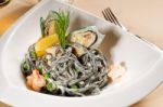 Seafood Black Spaghetti Stock Photo