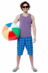 Cheerful Guy Ready To Play Beach Ball Stock Photo