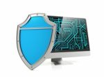 Shield And Computer Screen, Computer Security Concept Stock Photo