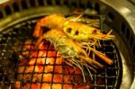 Grilling Prawn On Grill Stock Photo