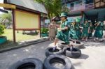 Student 9-10 Years Old, Scout In Adventure Activities, Scout Camp School Bangkok Thailand Stock Photo