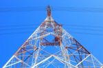 Symmetry Of High Voltage Electric Power Line Tower Metal Structu Stock Photo