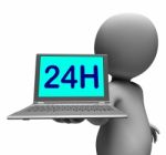 24h Laptop And Character Shows All Day Open On Web Stock Photo