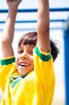 Young Kid Hanging On Jungle Gym Stock Photo