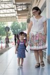 Children And Mother Go To School First Day Use For Education ,ki Stock Photo