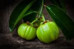 Still Life With Fresh Garcinia Cambogia On Wooden Background Stock Photo