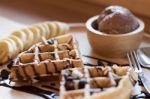 Belgian Waffles With Fruit And Chocolate, Forest Fruit, All Home Stock Photo