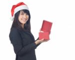 Young Lady Wearing Santa Hat Stock Photo