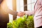 Closeup Friendly Meeting Handshake Between Business Woman And  B Stock Photo