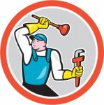 Plumber Holding Wrench Plunger Cartoon Stock Photo