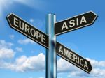 Europe Asia America Signpost Stock Photo