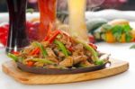 Original Fajita Sizzling Hot  On Iron Plate Stock Photo