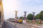 Train And Railway Track On Steel Bridge Railway Junction Stock Photo