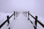 Wooden Stairs On A Hillside In Winter. Deogyusan Mountains In South Korea Stock Photo