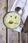 Bowl Of Broccoli And Cheddar Cheese Soup Stock Photo