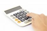 Calculator With Hand Isolated On White Background Stock Photo