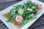 Fried Chayote In Oyster Sauce With Shrimp Stock Photo