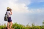 Hiker Teens Girl Taking Picture Stock Photo