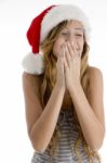 Laughing Girl With Christmas Hat Stock Photo