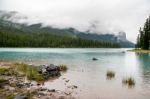 Maligne Lake On A Cloudy Day Stock Photo